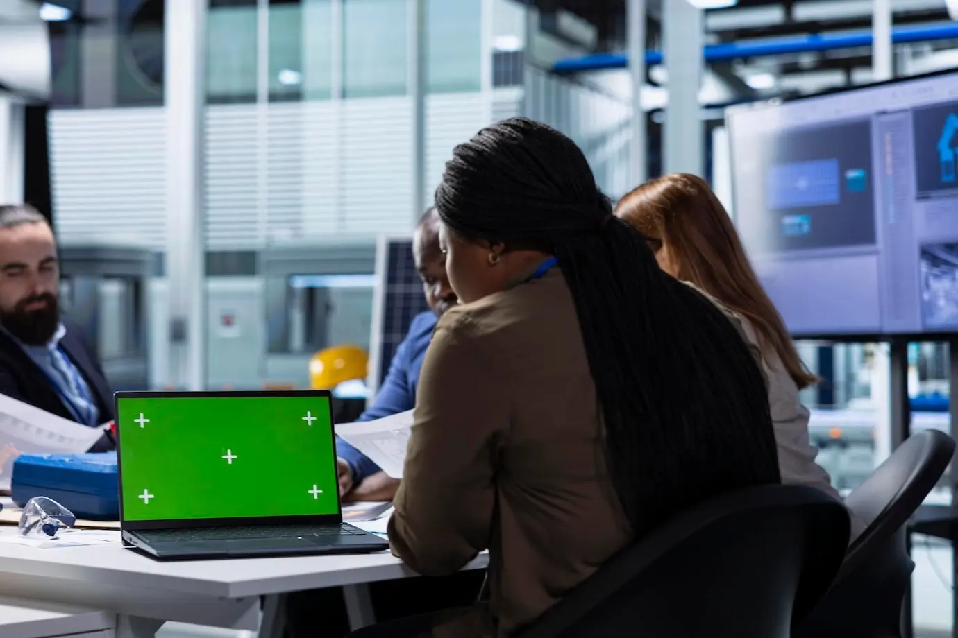 Experto de fábrica investiga nuevos materiales fotovoltaicos en una tableta simulada.